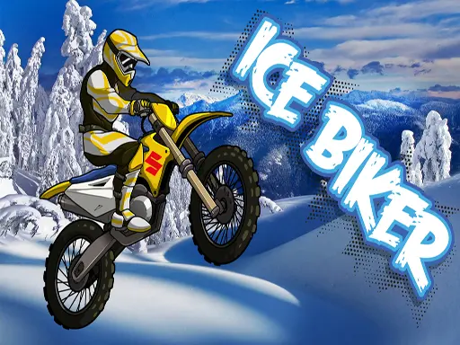 Imagem promocional do jogo "Ice Biker" mostrando um motociclista com roupa amarela e branca pilotando uma moto de motocross sobre uma paisagem coberta de neve. Ao fundo, há montanhas nevadas e árvores congeladas. O título "Ice Biker" aparece em letras gra